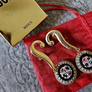 Rare Vintage 1980's Moschino Bisjoux Gold and Black Florentine Drop Earrings